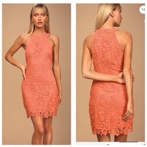 Lulus Love Poem Coral Orange / coral lace mini dress, medium